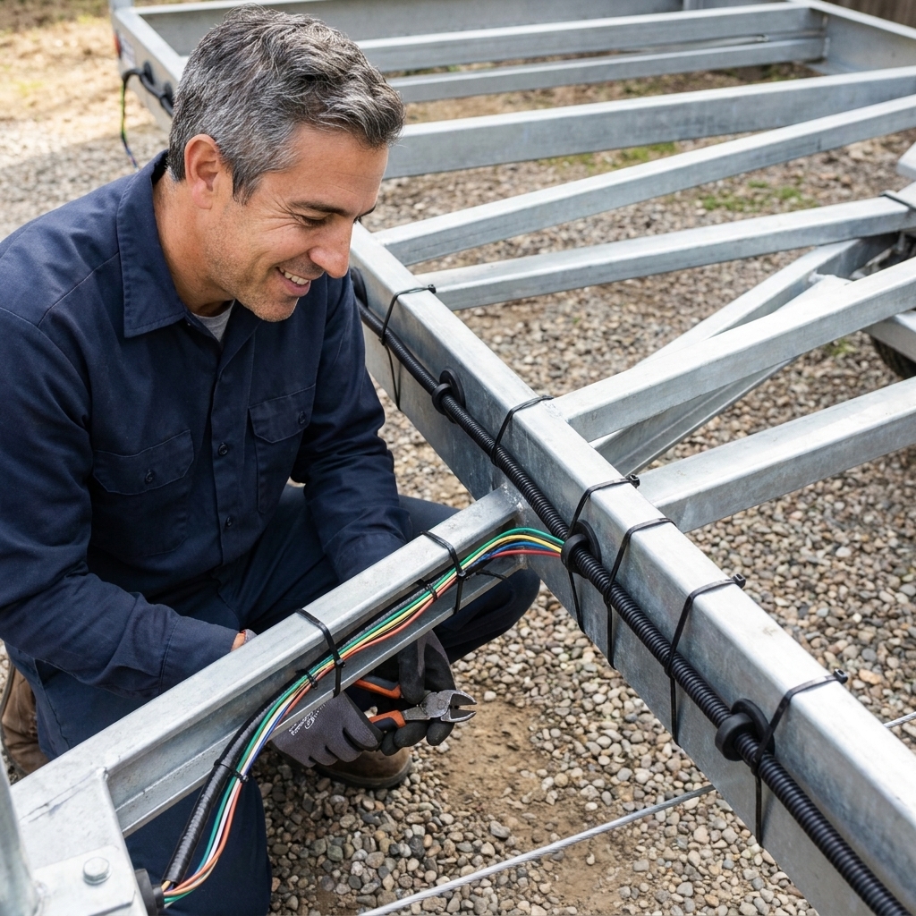 A new trailer wiring harness laid out along a utility trailer frame rail with fresh zip ties and grommets installed