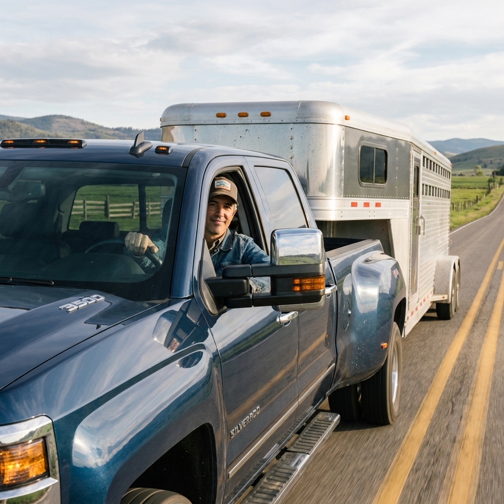 A one ton dually pickup truck towing a livestock gooseneck trailer on a rural two lane road in daylight