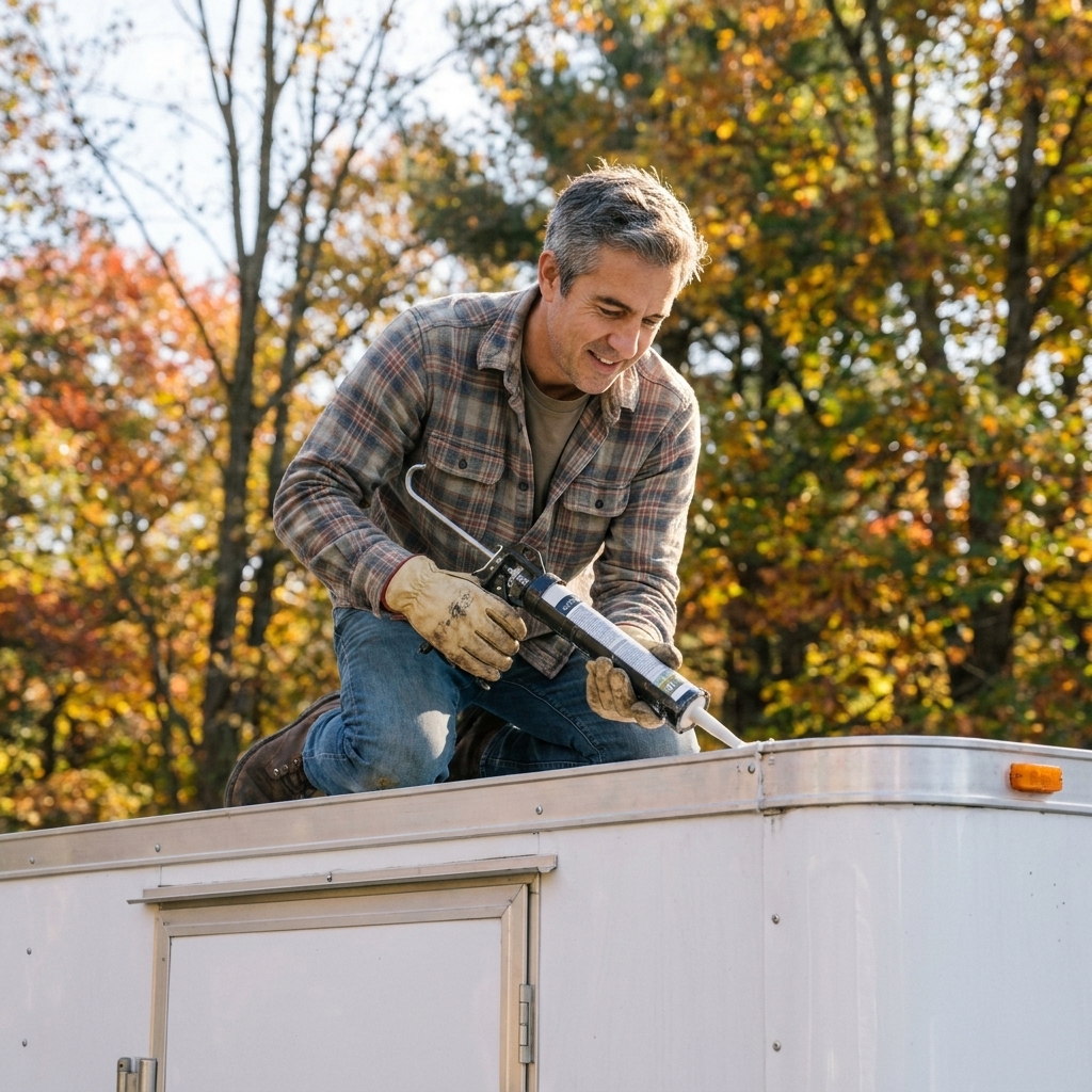 A person applying sealant along the roof edge seam of an enclosed trailer on a clear fall afternoon