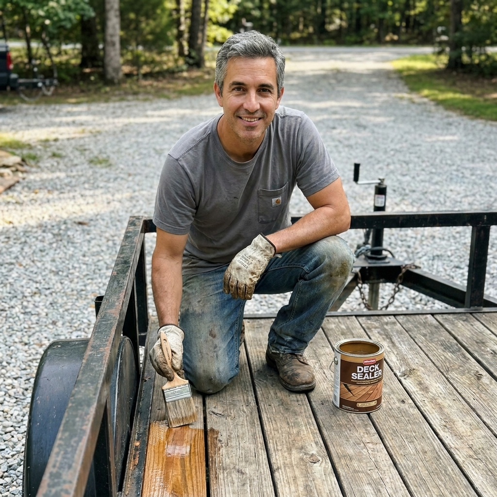 A person applying wood sealer to a utility trailer wooden deck with a brush