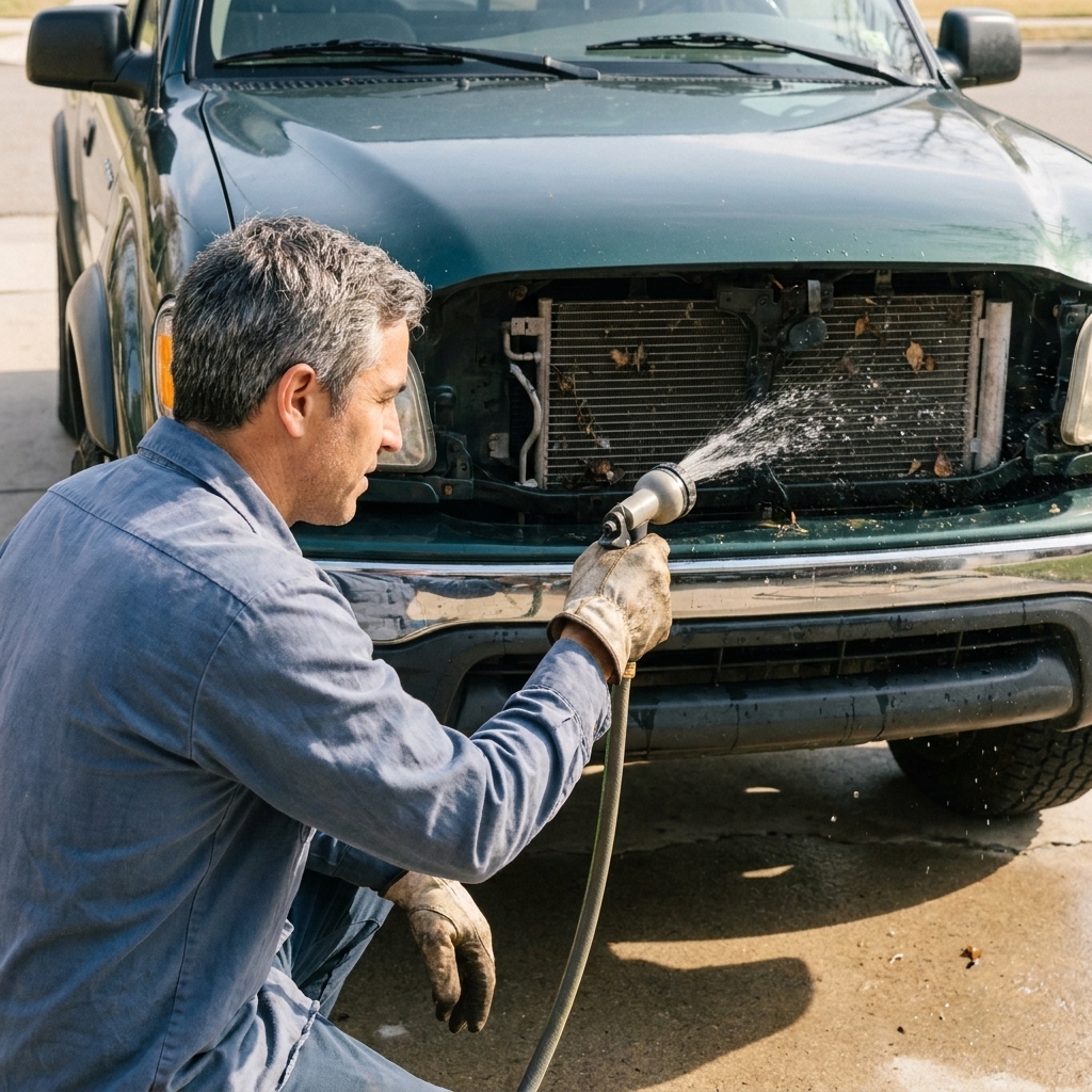 A person carefully rinsing debris from the radiator and condenser fins of a pickup truck with a gentle stream of water