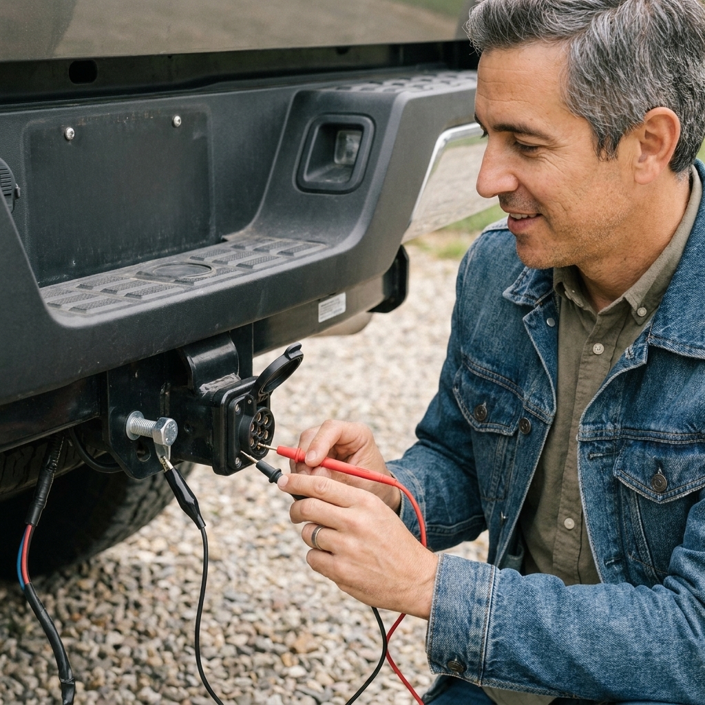 A person holding a multimeter probe to the pins of a 7-way trailer socket near a truck hitch while the other lead is clipped to a clean metal ground