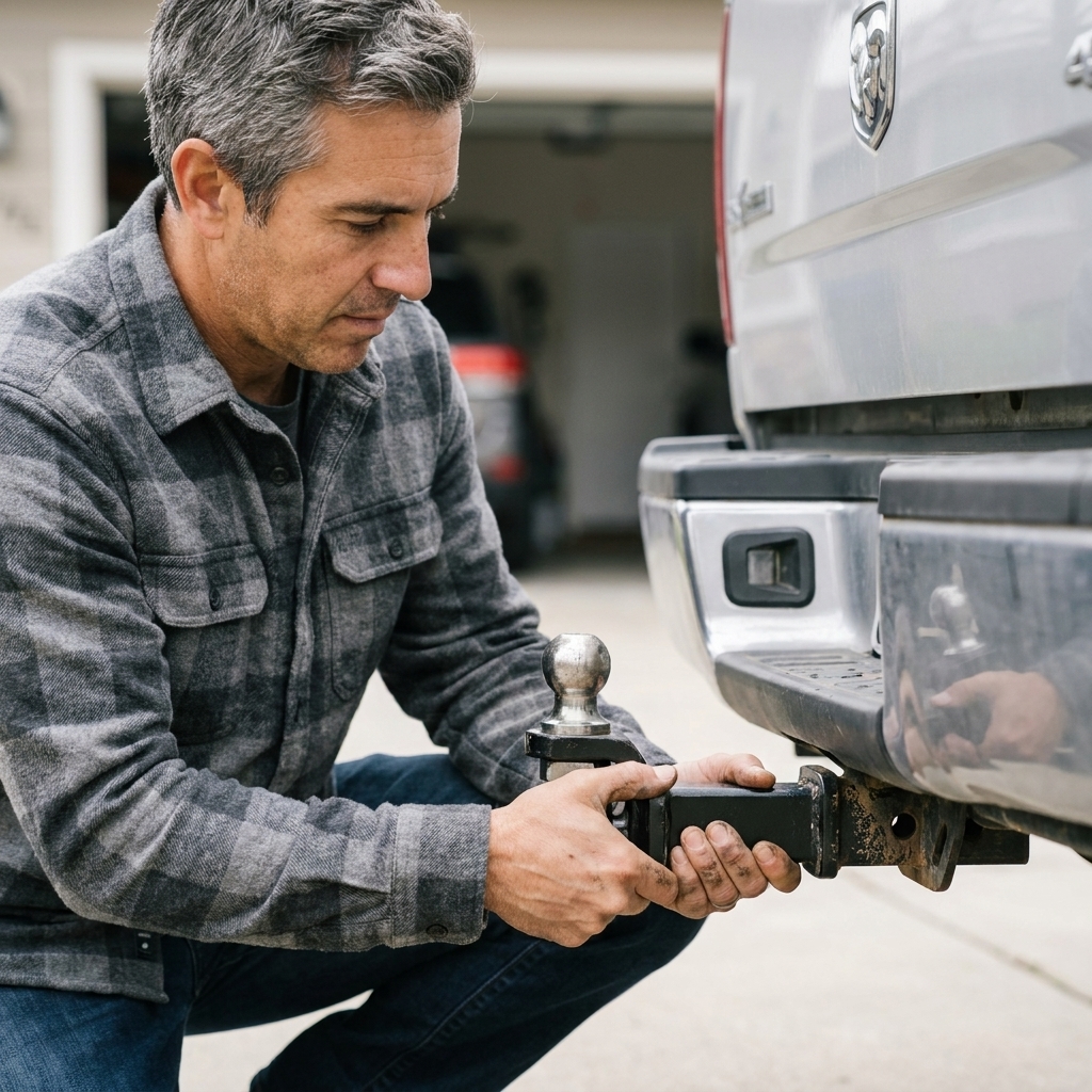 A person holding an adjustable ball mount at the back of a pickup truck with a 2-inch receiver, preparing to insert the shank