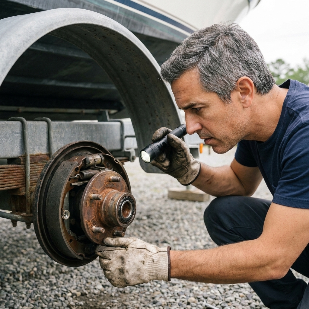 A person inspecting a boat trailer wheel hub with the wheel removed, showing the hub and brake assembly up close