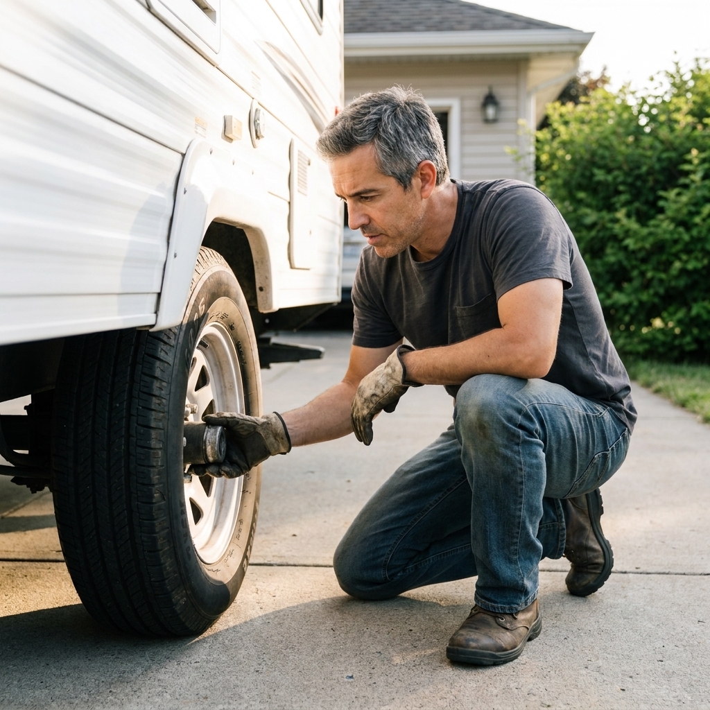 A person kneeling beside a travel trailer tire with one hand near the wheel hub, checking for heat and signs of grease leakage in a driveway