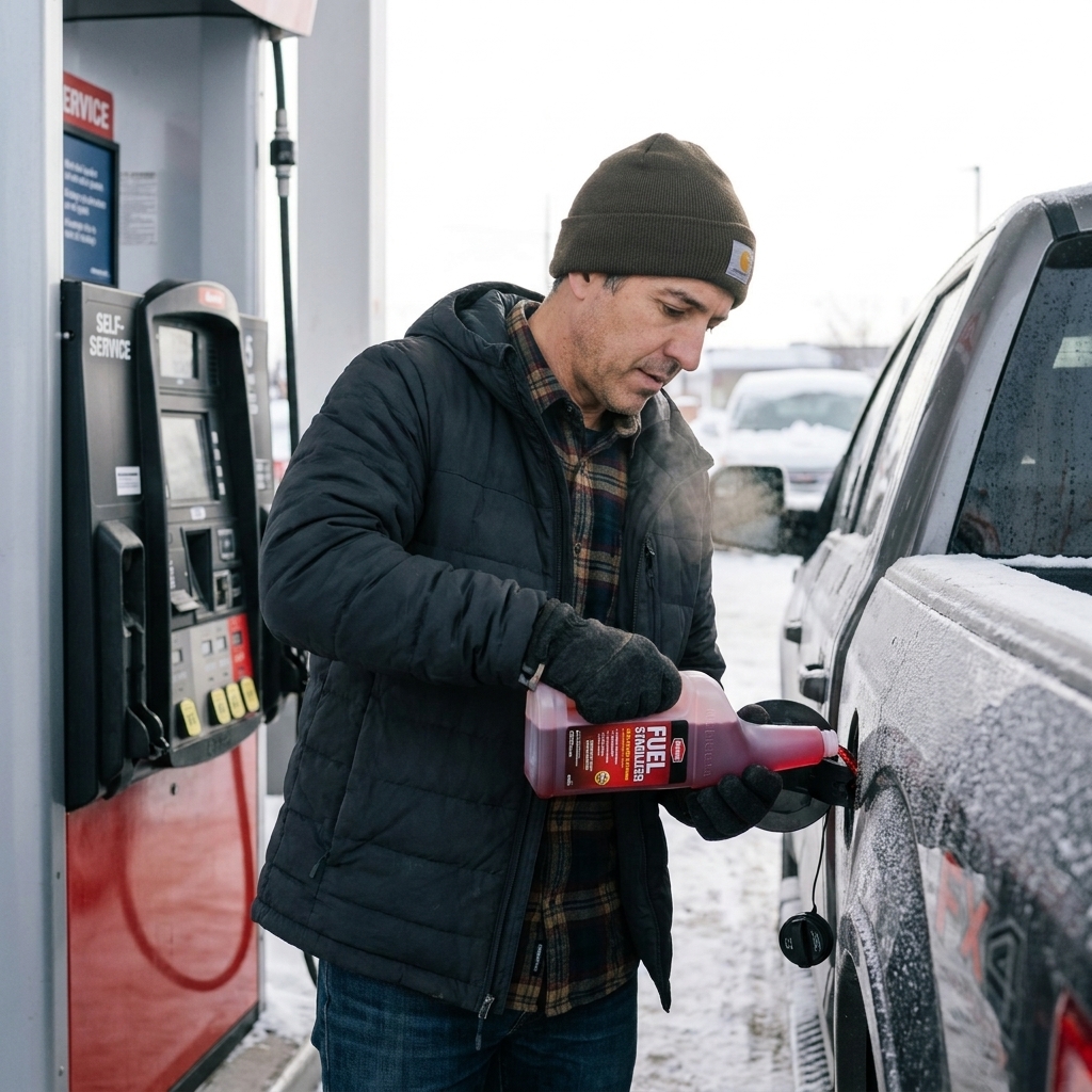 A person pouring measured fuel stabilizer into a pickup truck fuel filler neck at a gas station pump during cold weather