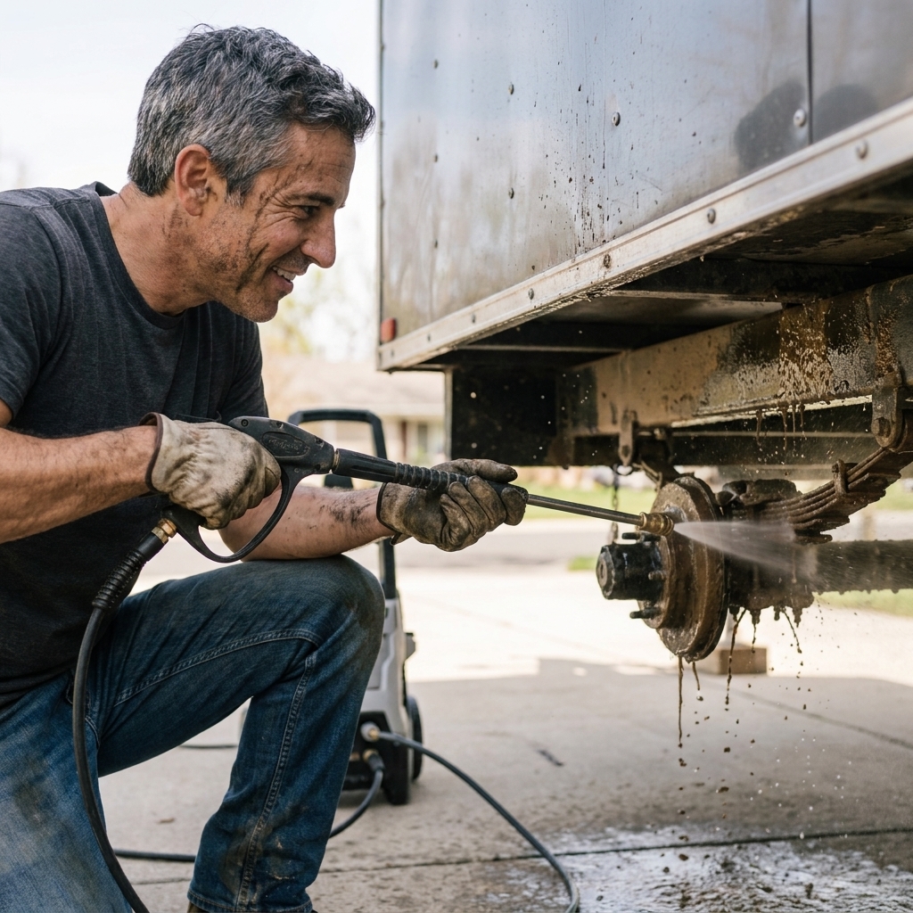 A person using a pressure washer wand to rinse the underside of an enclosed trailer, focusing on the axle and leaf springs