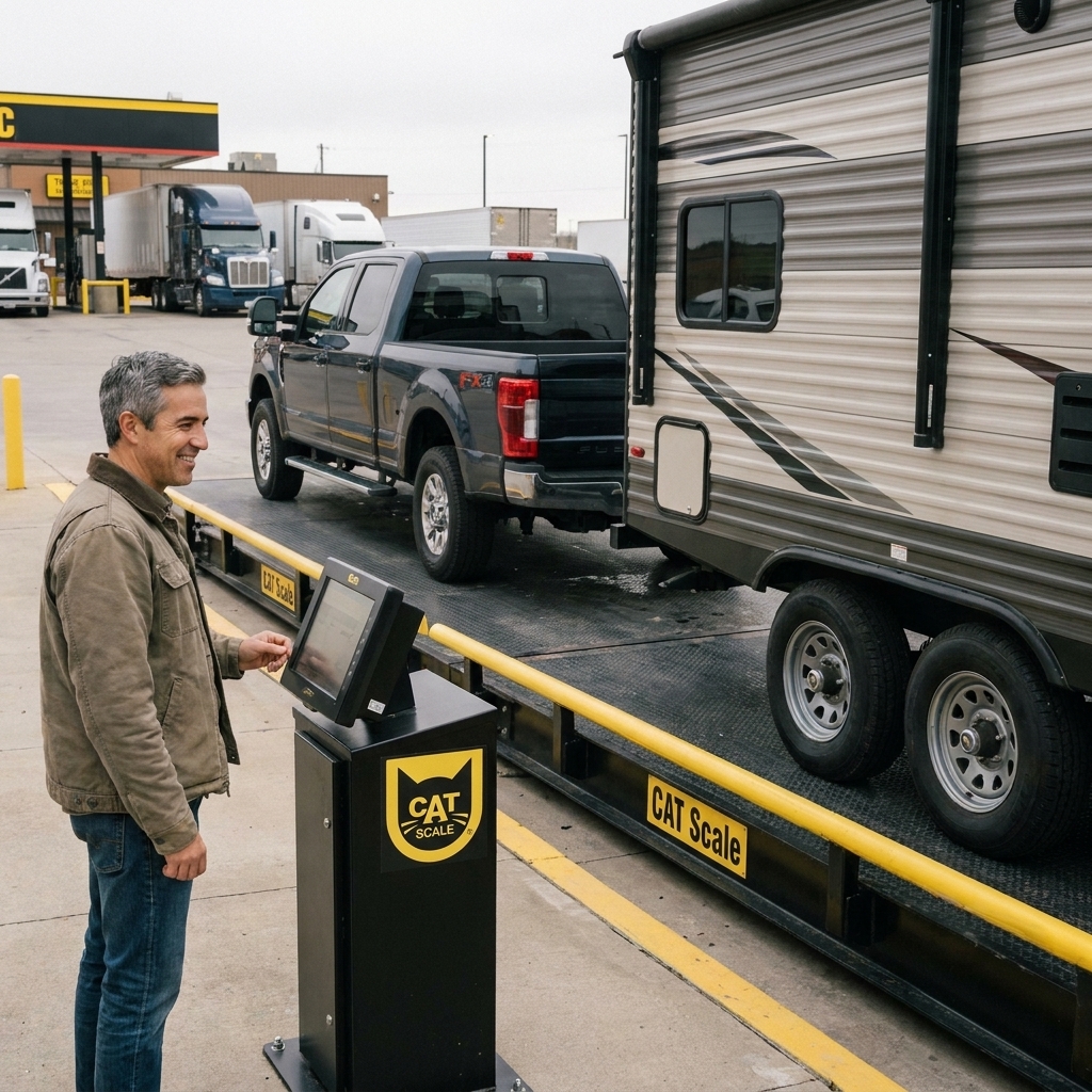 A pickup and travel trailer positioned on a multi-platform CAT Scale at a truck stop with a clear view of the trailer axles and truck axles