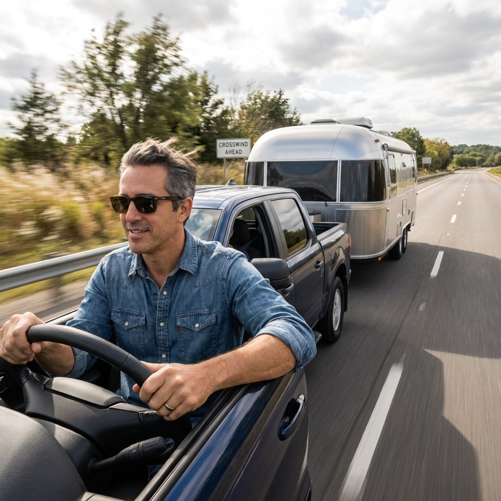 A pickup towing a travel trailer on an open highway in crosswind conditions with the trailer tracking straight behind the truck