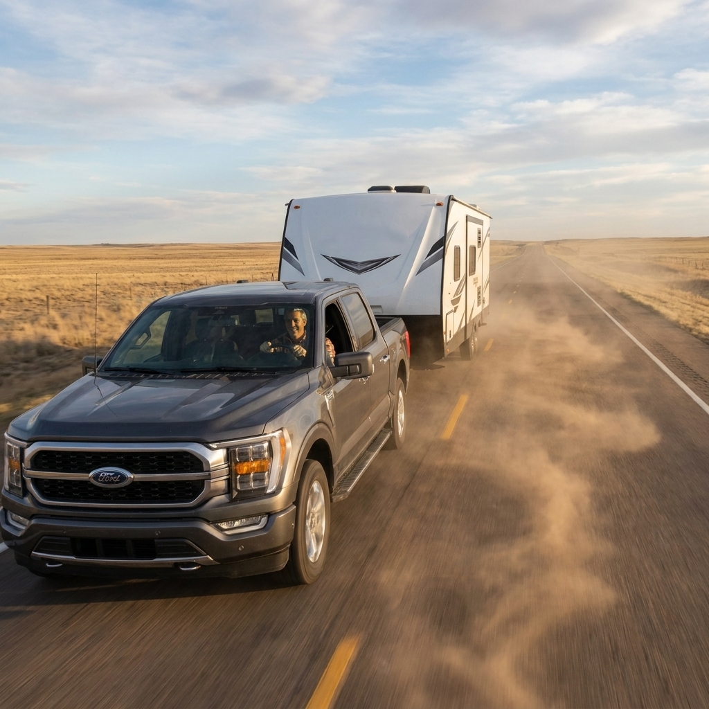 A pickup towing a travel trailer on an open plains highway with visible wind-blown dust and the trailer tracking slightly angled in a gust