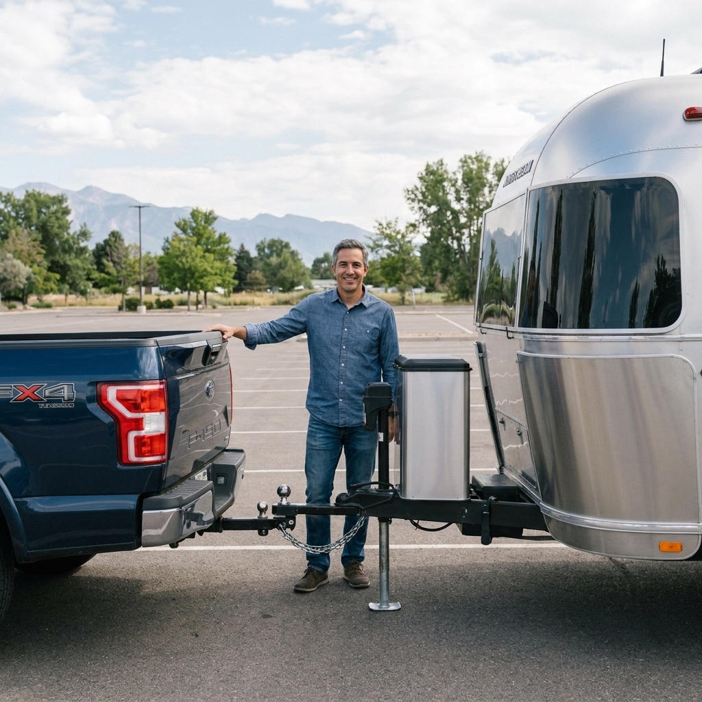 A pickup truck and a travel trailer parked on level pavement, with the trailer coupler and tongue jack visible above the hitch ball