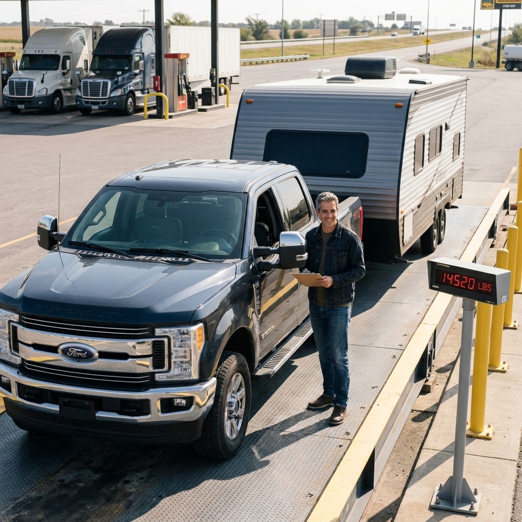 A pickup truck and bumper-pull trailer positioned on a commercial truck scale platform at a highway truck stop