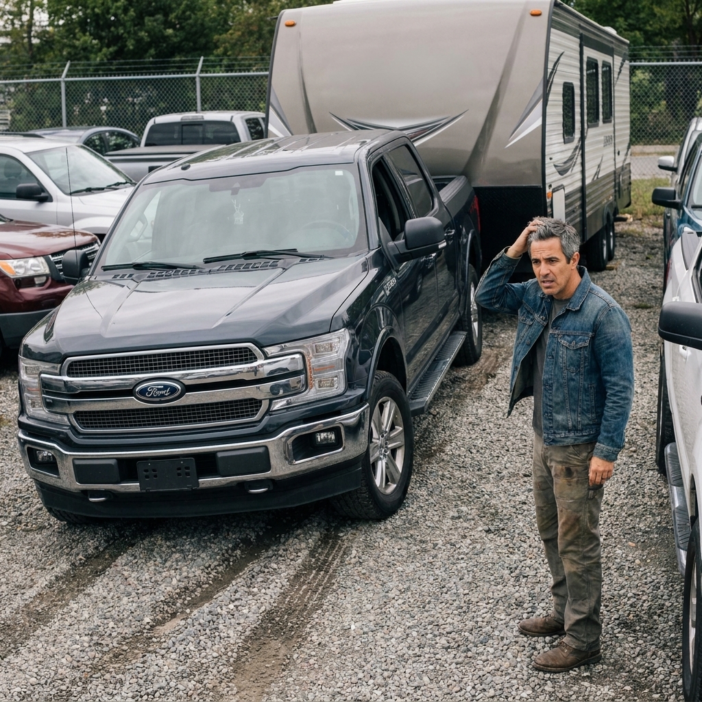 A pickup truck and travel trailer at a sharp angle in a tight parking area, showing a near jackknife situation