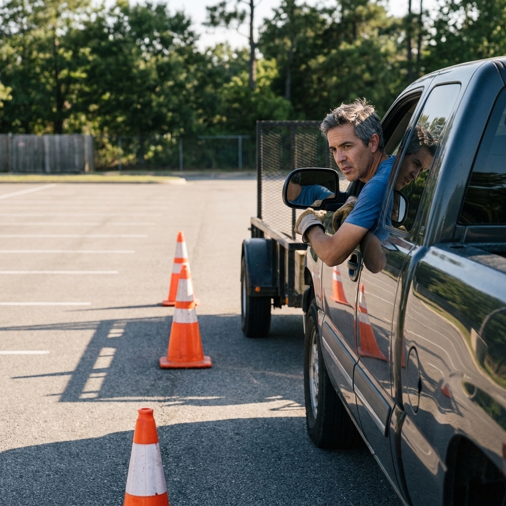 A pickup truck and utility trailer set up in an empty parking lot with orange cones marking a backing lane, showing a safe practice environment