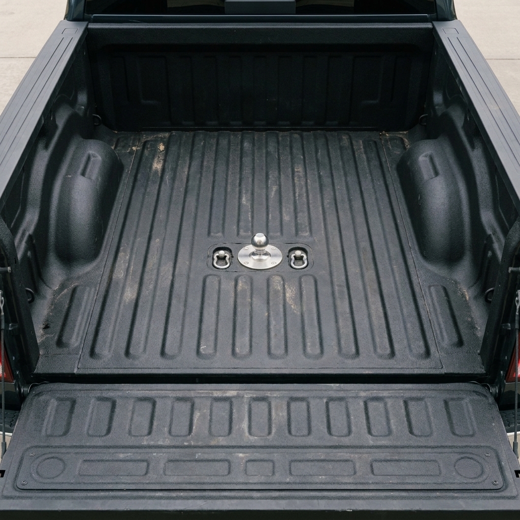 A pickup truck bed with a flush mounted gooseneck ball and safety chain loops installed, photographed from above with the tailgate open