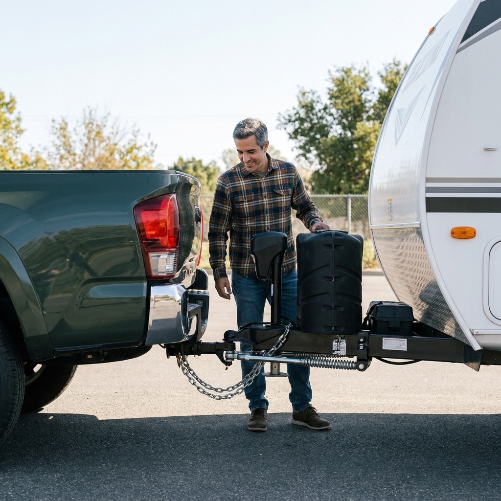 A pickup truck connected to a travel trailer using a weight distribution hitch with spring bars and safety chains, parked on level pavement