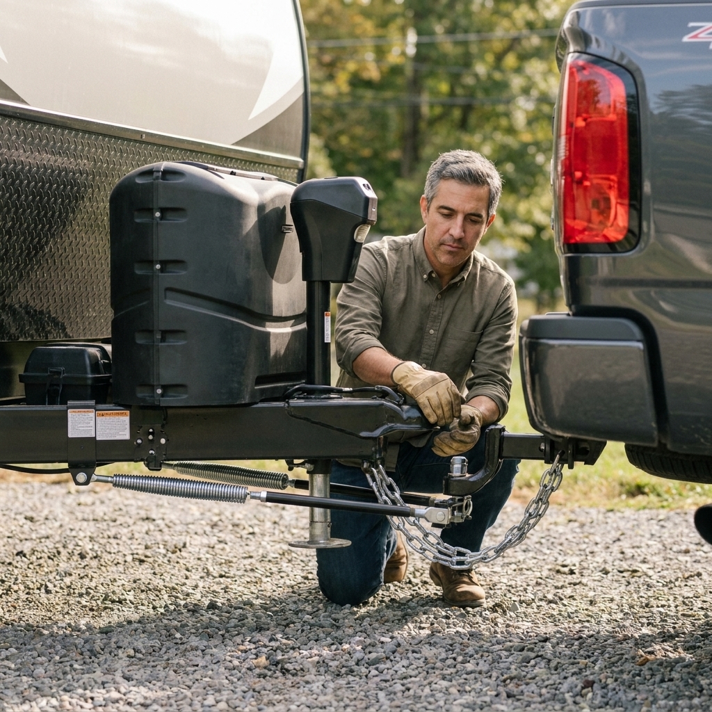 A pickup truck connected to a travel trailer with a weight distribution hitch and sway control bars installed at the coupler