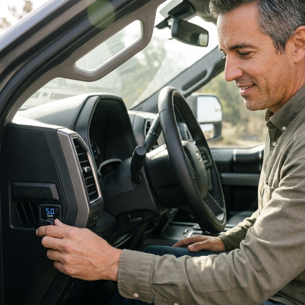 A pickup truck dashboard showing a built-in trailer brake controller knob and gain display near the steering column