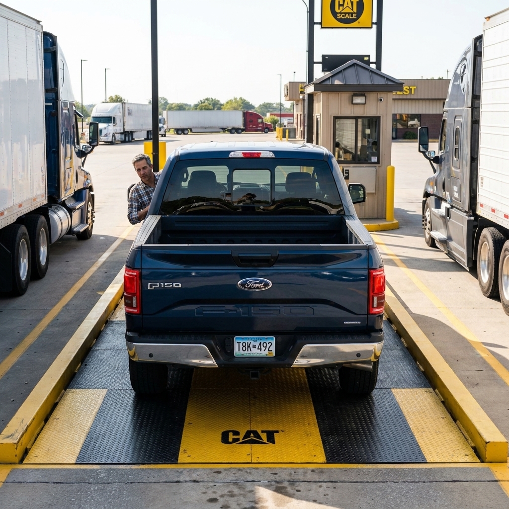 A pickup truck driving onto a CAT scale platform at a truck stop on a clear day, viewed from behind