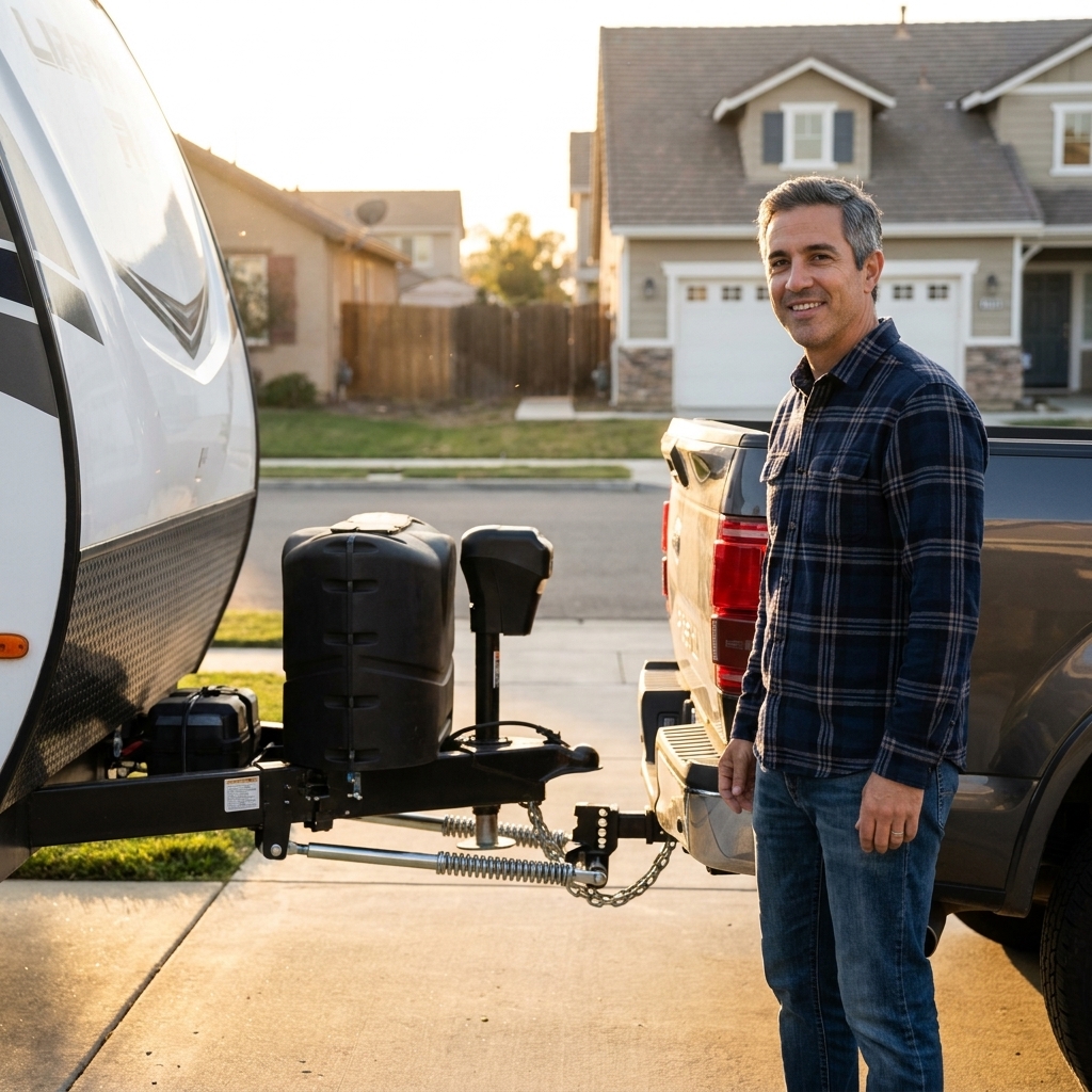 A pickup truck hitched to a travel trailer in a residential driveway with a weight distribution hitch installed, early evening light