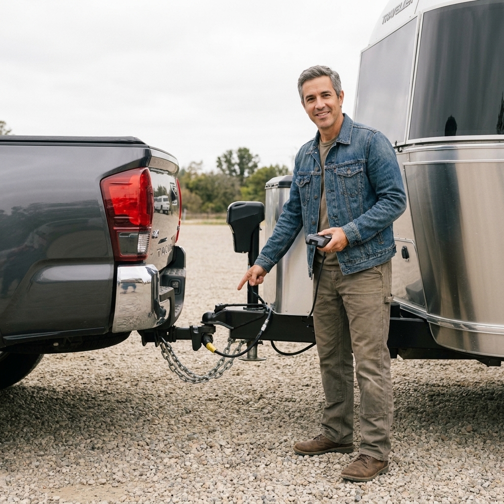 A pickup truck hitched to a travel trailer parked on a level gravel lot with the trailer’s 7-way plug connected and safety chains crossed, ready for a brake controller test run