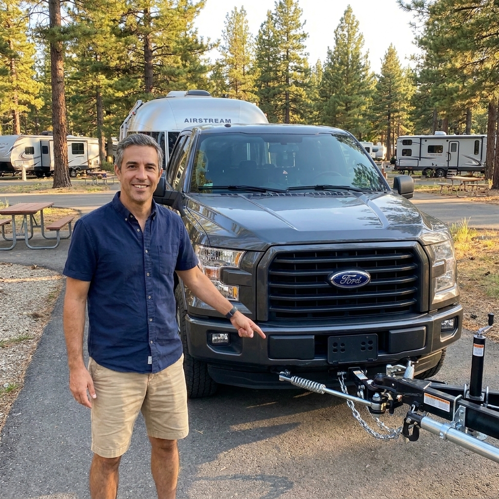 A pickup truck hitched to a travel trailer with a weight distribution hitch and sway control components visible near the coupler, parked on a paved campground loop