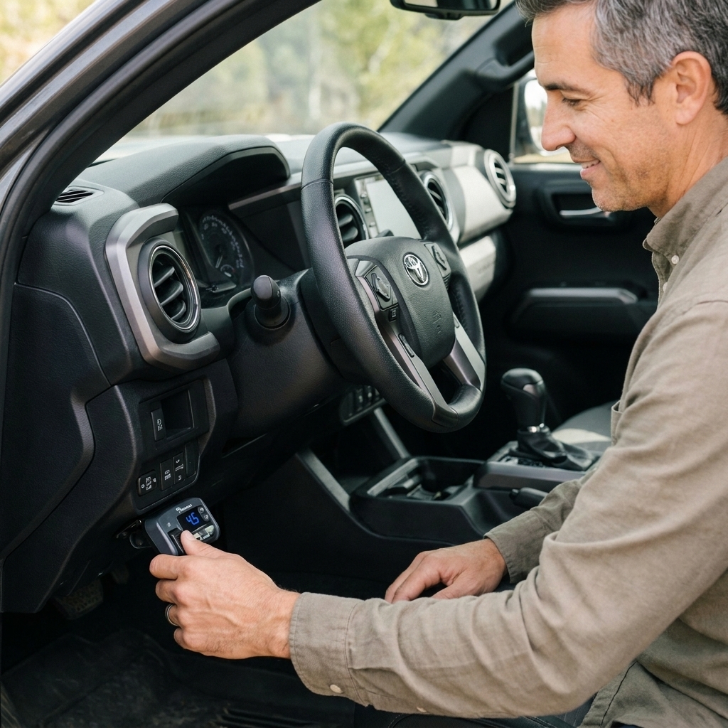A pickup truck interior with a trailer brake controller mounted low on the dashboard within easy reach of the driver, showing the manual override lever and digital display