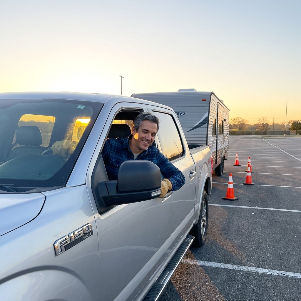 A pickup truck parked with a travel trailer in an empty parking lot at sunrise, with a few cones placed behind it for backing practice