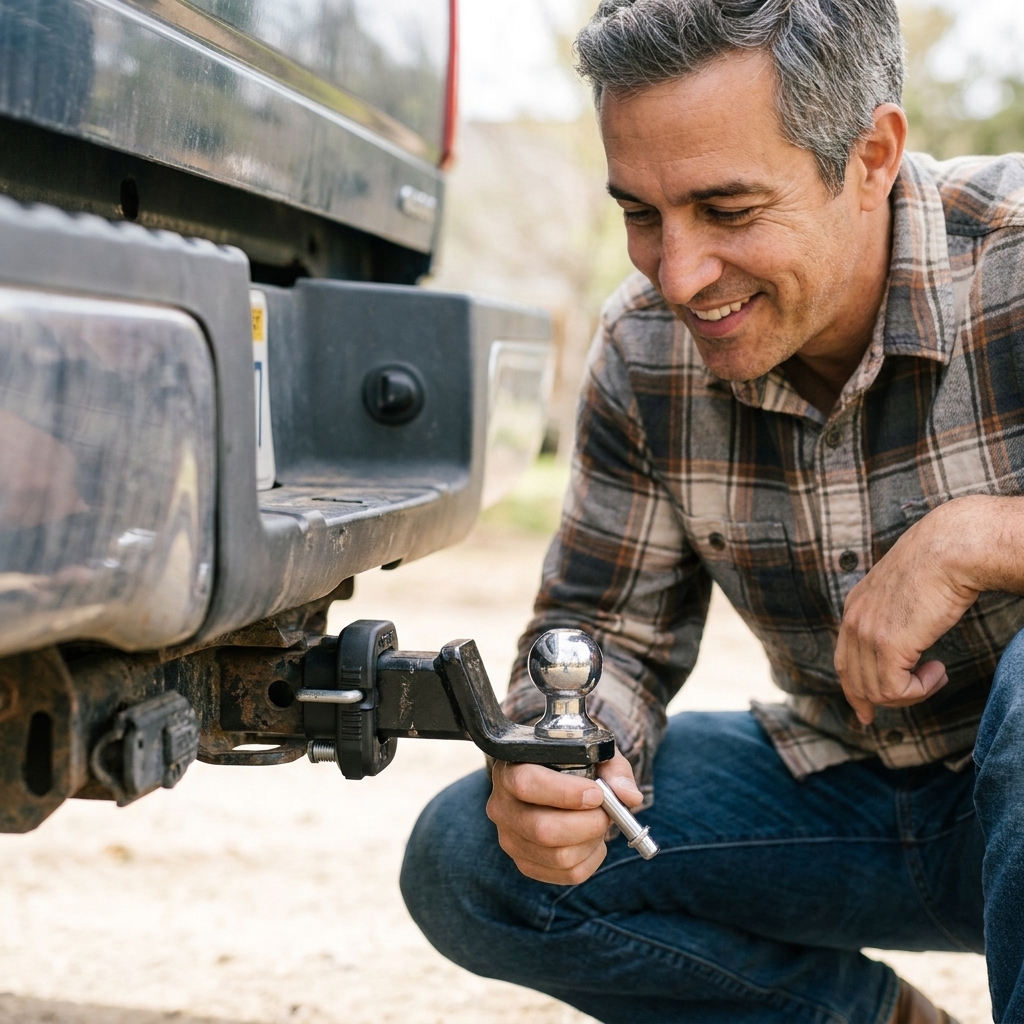 A pickup truck receiver hitch with an anti-rattle clamp installed around the receiver tube and a locking hitch pin securing the ball mount
