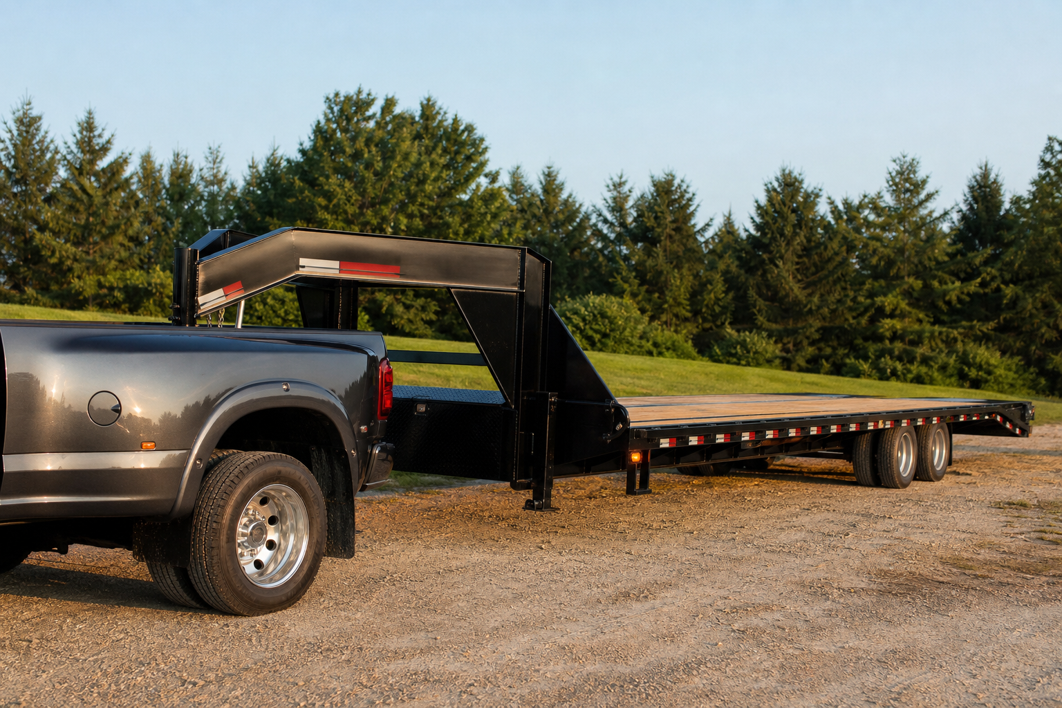 A pickup truck towing a bumper-pull travel trailer in a parking lot while making a slow, tight turn with a spotter watching near the hitch area