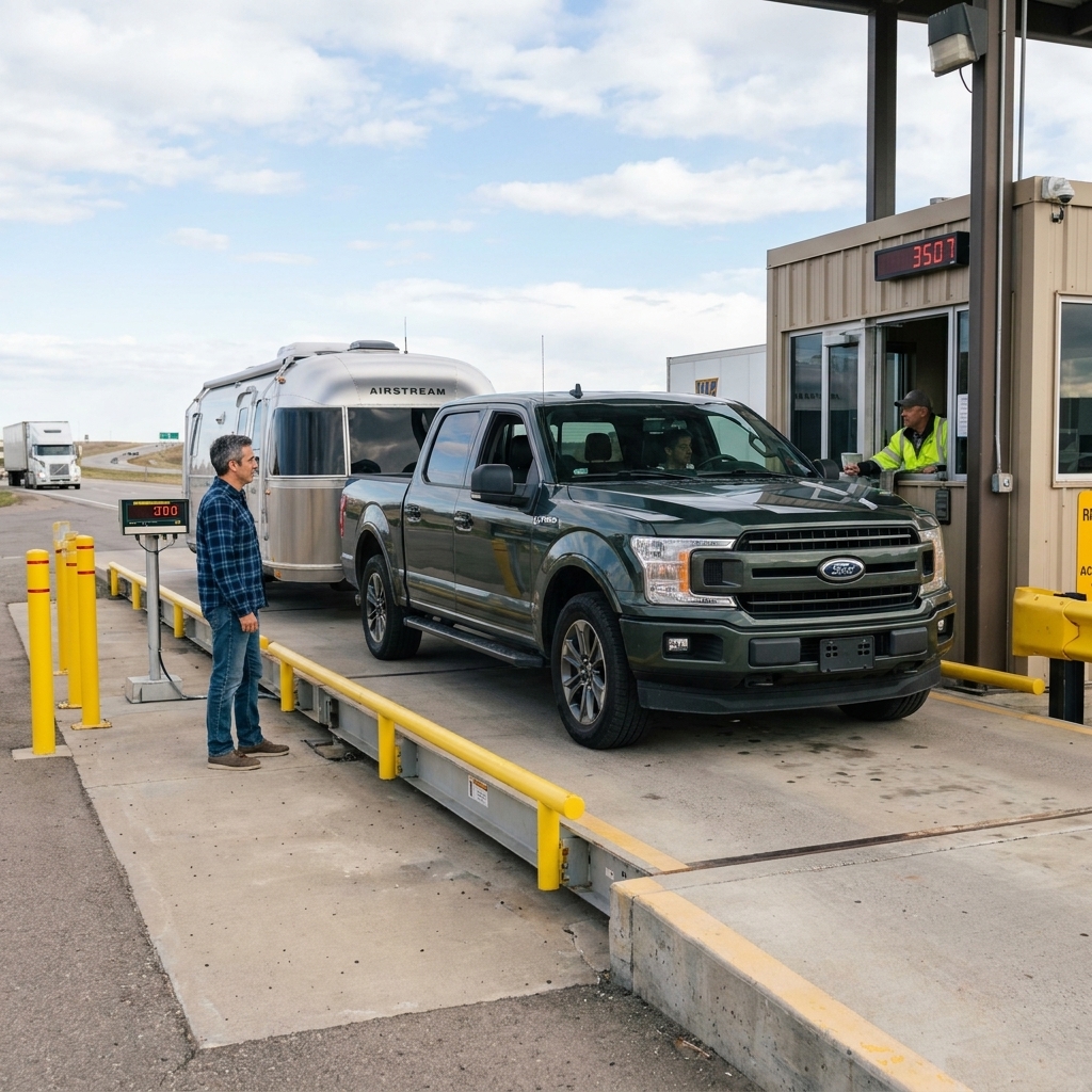 A pickup truck towing a travel trailer positioned on a multi-platform public truck scale with concrete lanes and scale equipment visible