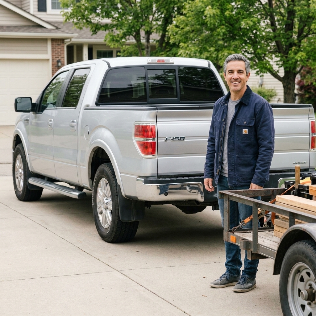 A pickup truck towing a utility trailer on a level driveway, with the trailer frame sitting level and the truck stance looking balanced