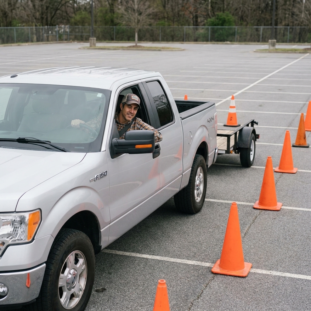 A pickup truck with a small trailer practicing backing maneuvers between traffic cones in an empty parking lot