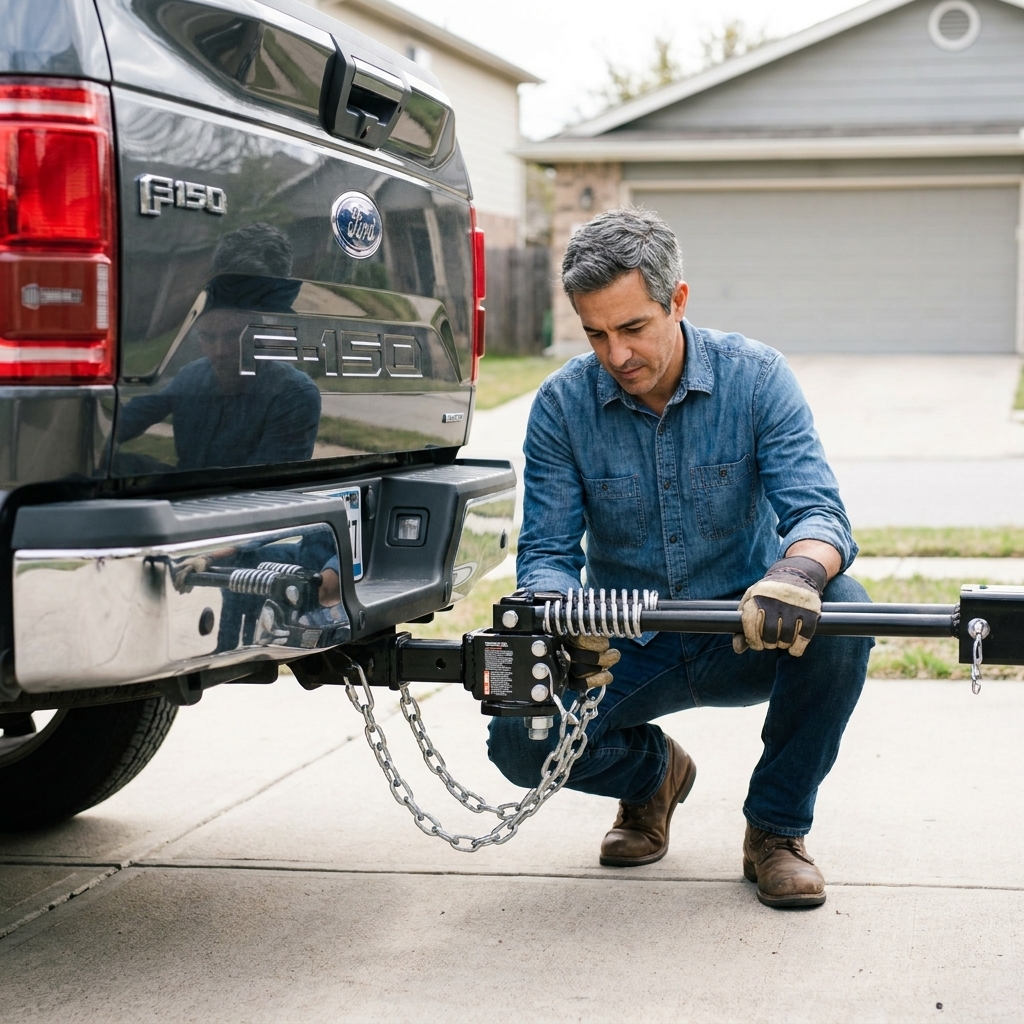 A pickup truck with a weight distribution hitch head mounted in the receiver, spring bars attached, and safety chains hanging in a driveway