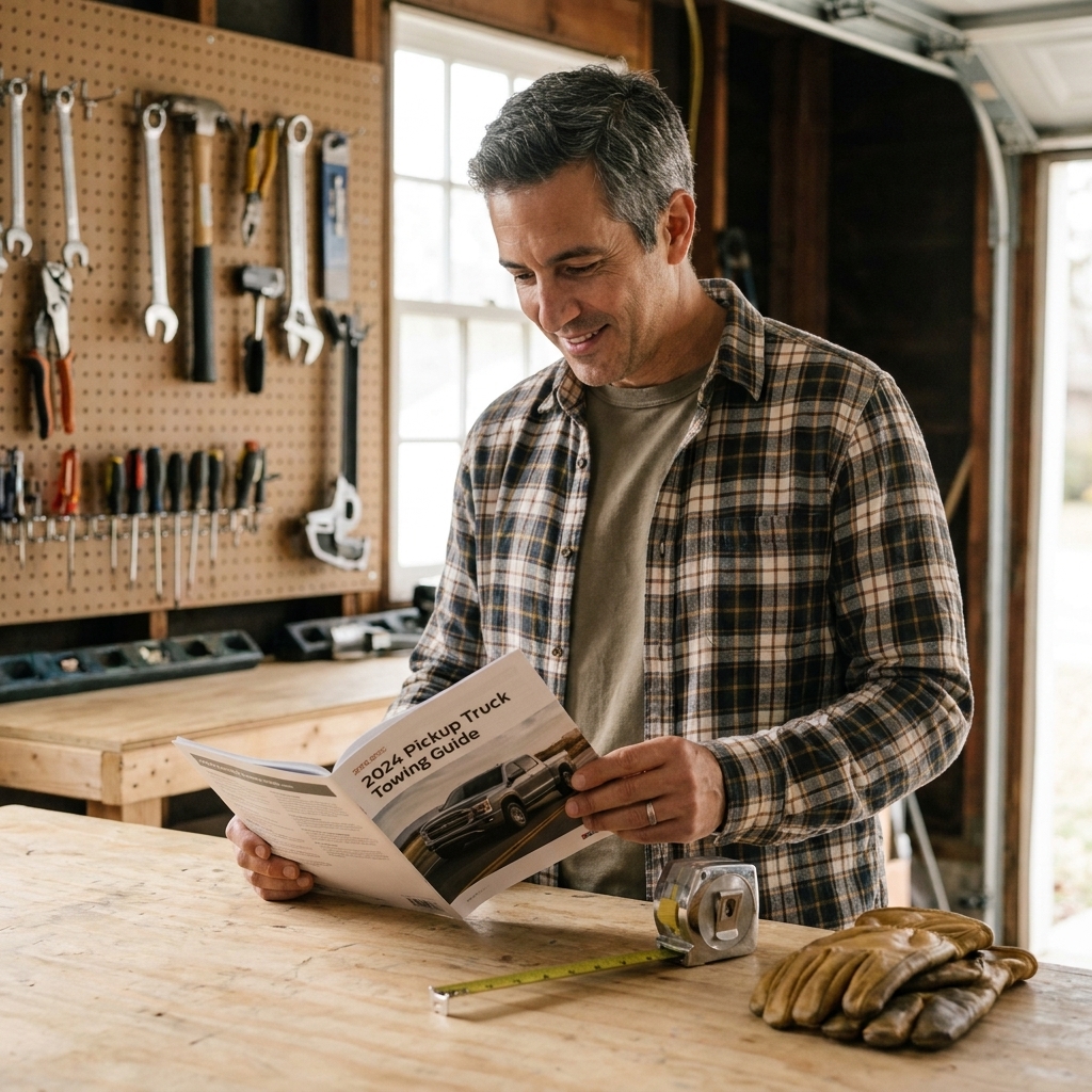 A printed pickup truck towing guide booklet lying open on a workbench next to a tape measure and a set of work gloves