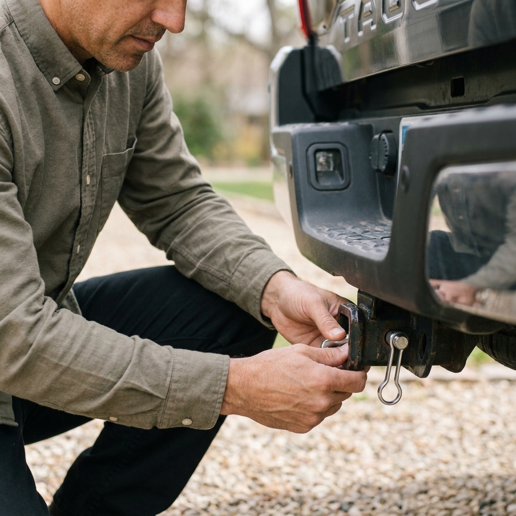 A receiver hitch on a pickup truck with a hitch pin installed and secured with a safety clip.
