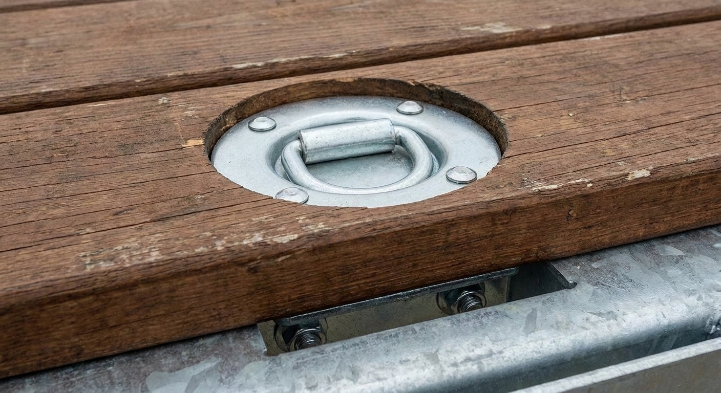 A recessed D-ring anchor installed flush in a wooden trailer deck with bolts and a metal backing plate visible underneath