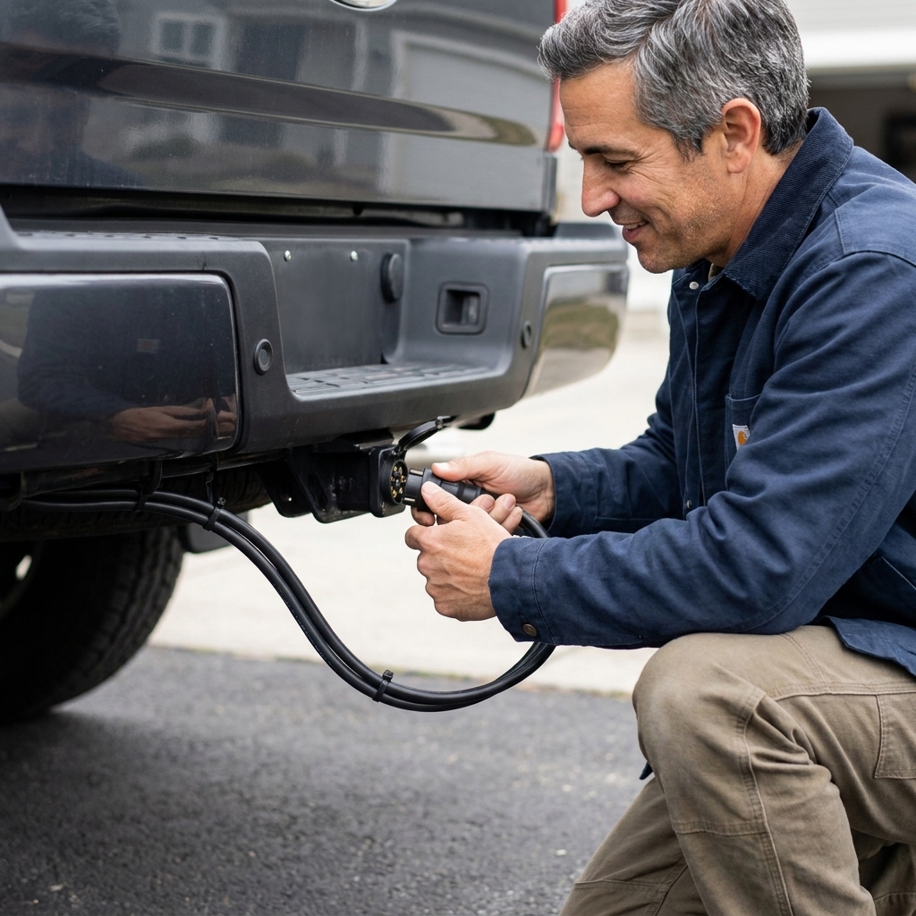 A seven-pin trailer electrical plug connected to a pickup truck socket, with the cable routed neatly and no corrosion visible