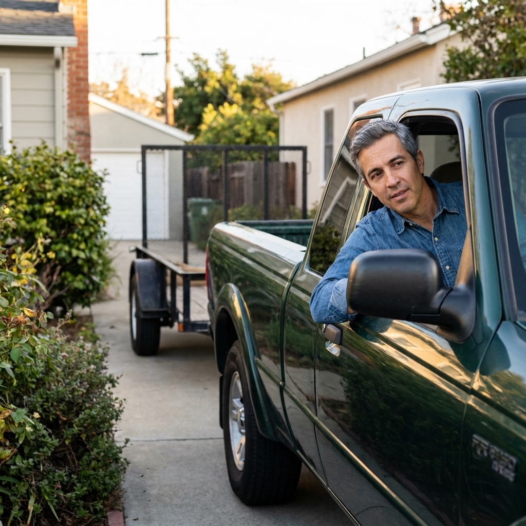 A single axle utility trailer being backed into a narrow residential driveway behind a pickup truck
