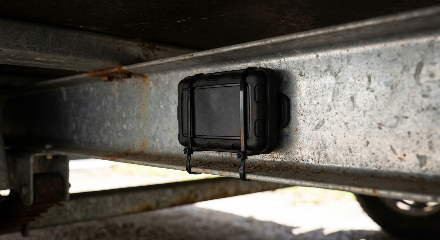 A small weatherproof GPS tracking unit mounted discreetly inside a trailer frame rail with zip ties and a protective cover