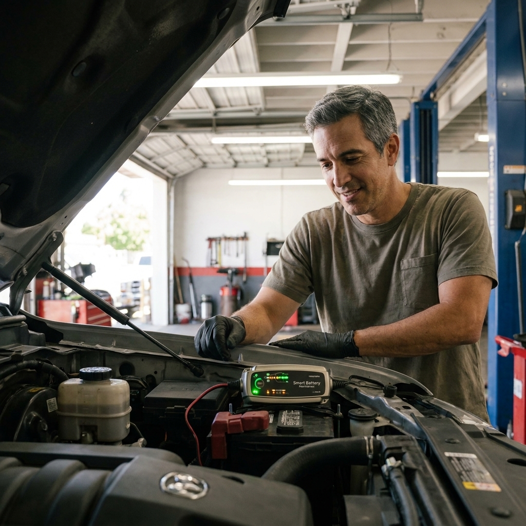 A smart battery maintainer clipped to a pickup truck battery terminals under an open hood in a garage, with indicator lights showing charging status