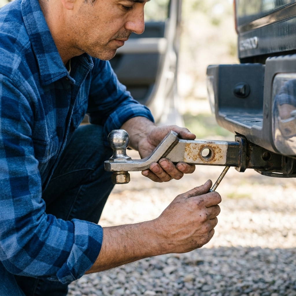 A steel ball mount partially removed from a truck receiver showing light rust on the shank near the hitch pin hole