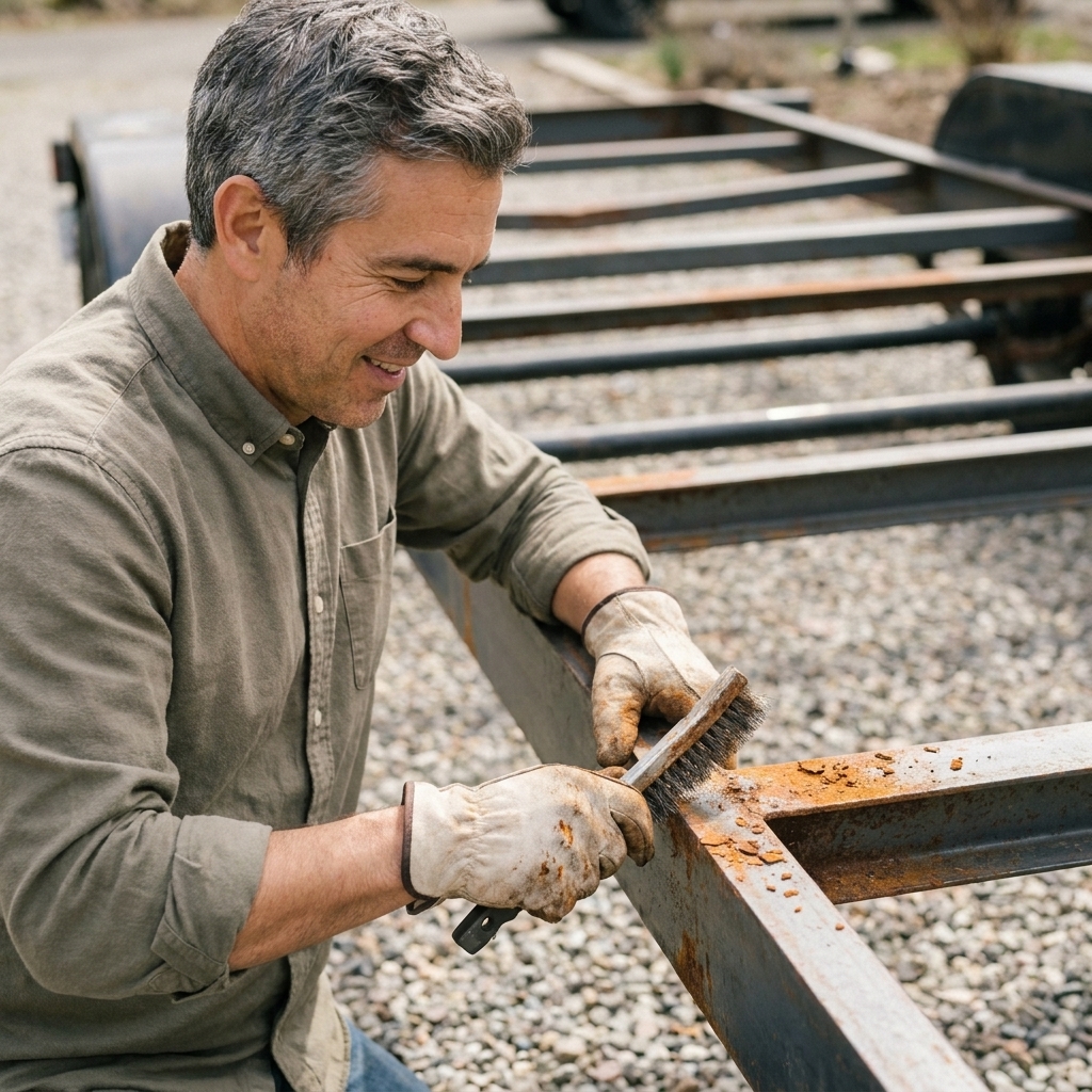 A steel utility trailer frame rail being wire-brushed to remove surface rust near a crossmember