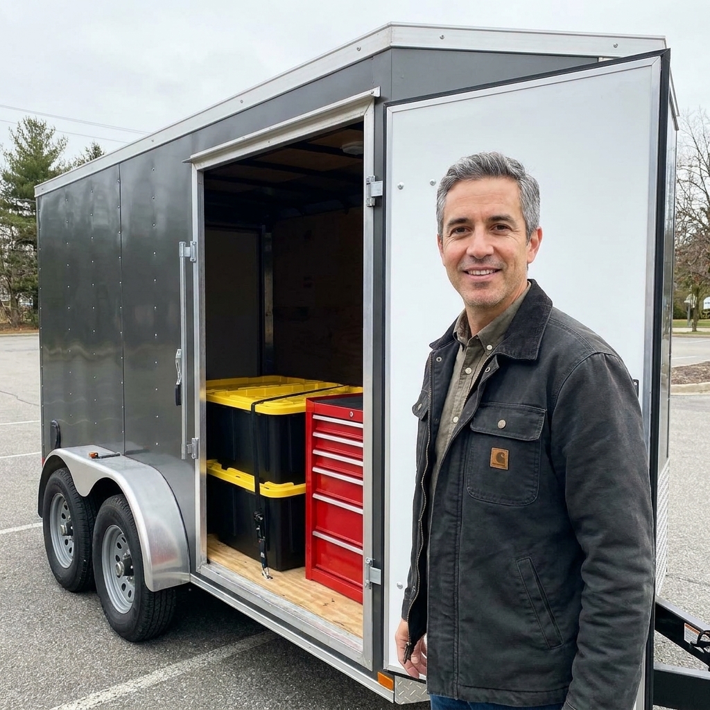 A tandem-axle enclosed trailer with the side door open, showing several heavy totes and a tool chest placed low on the floor slightly ahead of the axles