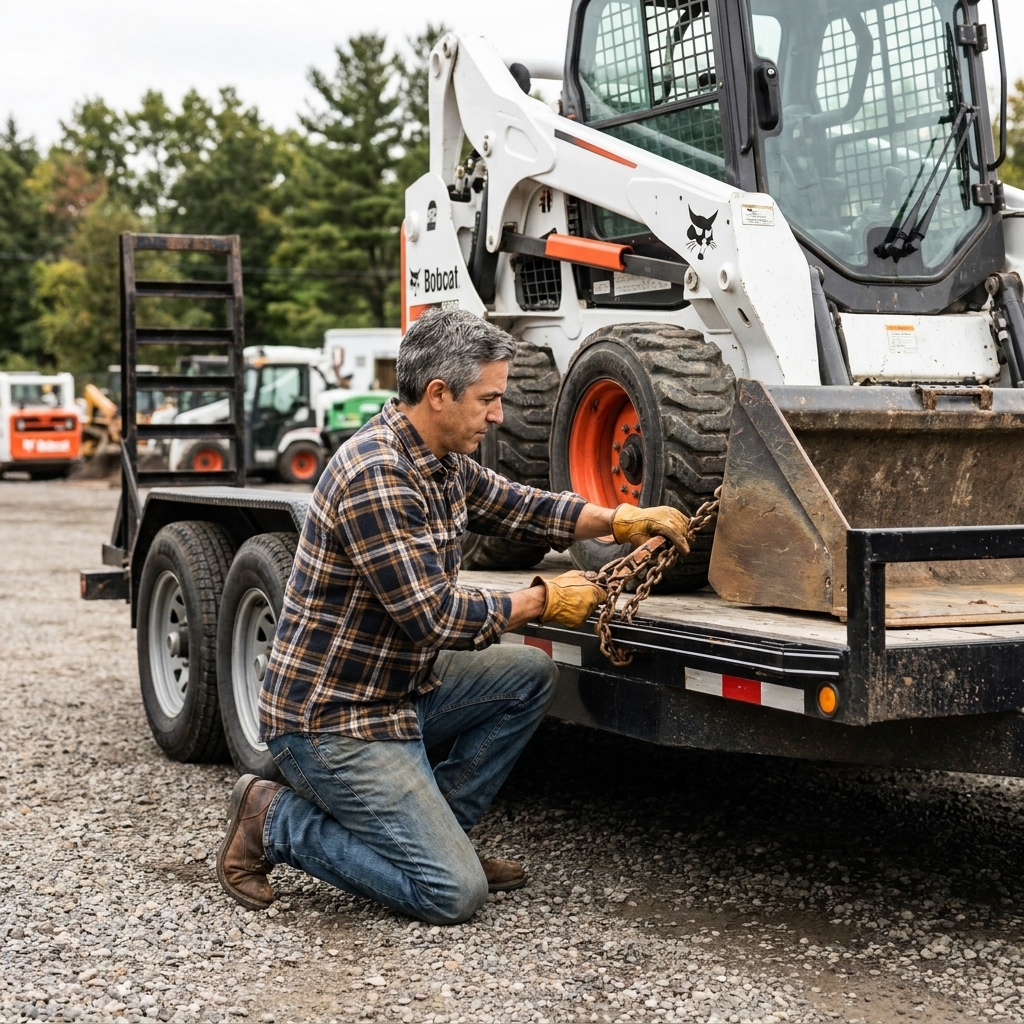 A tandem axle equipment trailer carrying a compact skid steer with tie-down chains secured to the frame