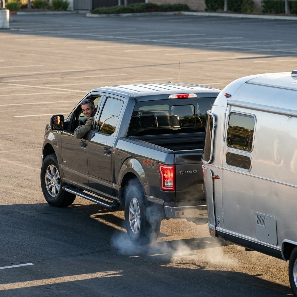 A three-quarter rear view of a pickup truck towing a travel trailer in an empty parking lot during a brake test