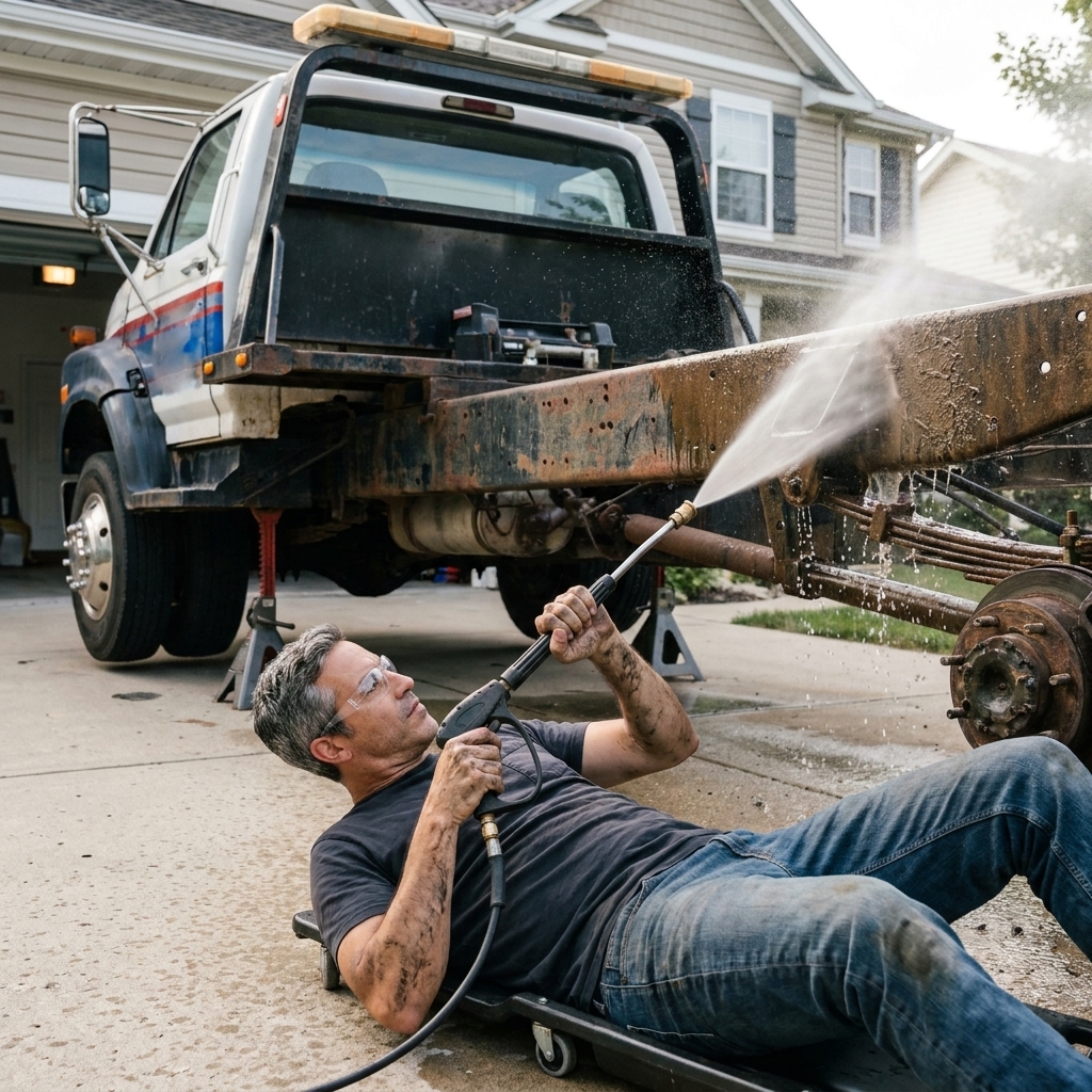 A tow truck being pressure washed underneath in a driveway, with the spray aimed at the frame rails and suspension components