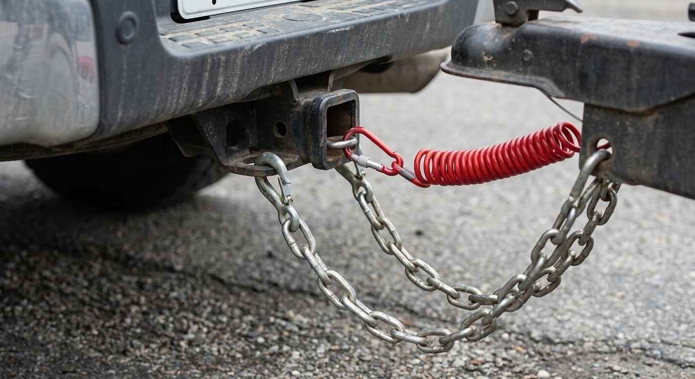 A trailer breakaway cable clipped to a dedicated attachment point on a tow vehicle, with crossed safety chains hanging below.