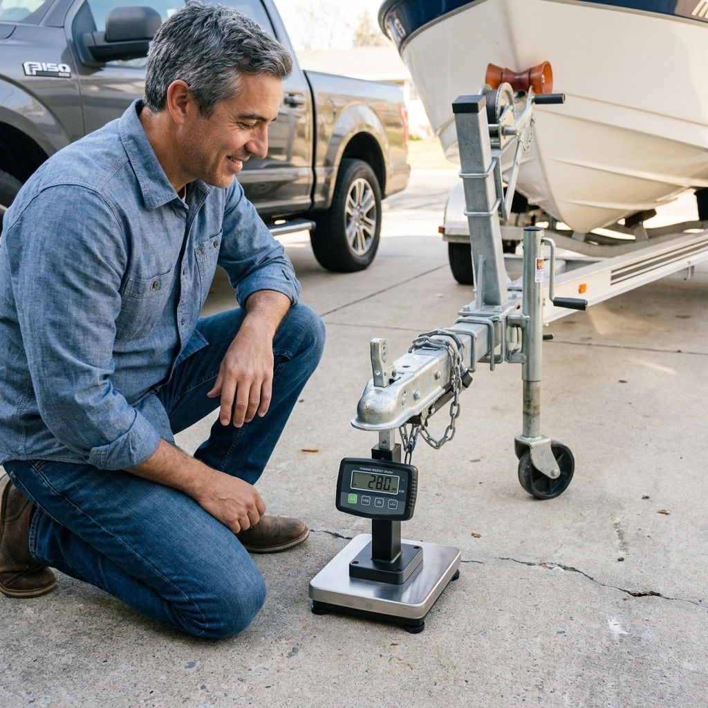 A trailer coupler resting on a tongue weight scale on a driveway, showing a realistic setup for measuring tongue weight