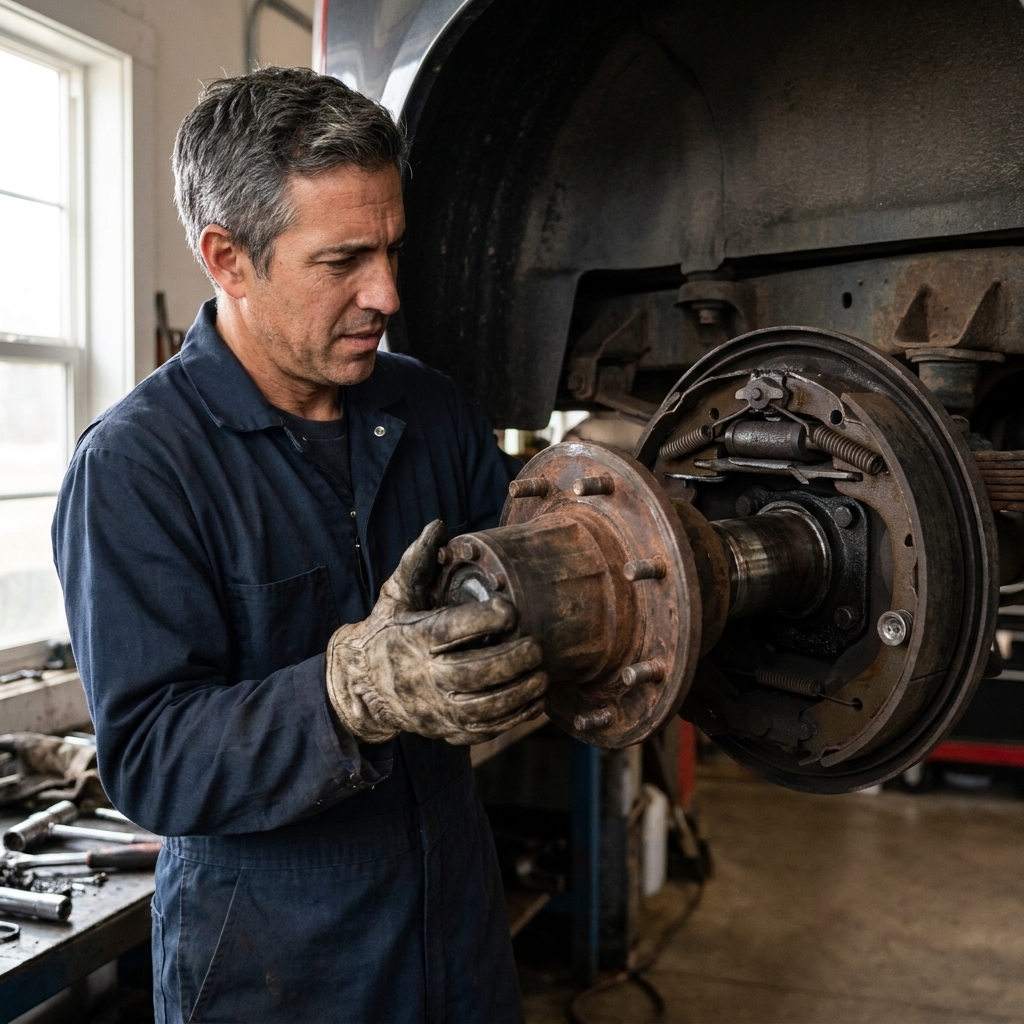 A trailer hub and drum being slid off the spindle by a mechanic wearing gloves, with the backing plate and brake shoes visible behind it
